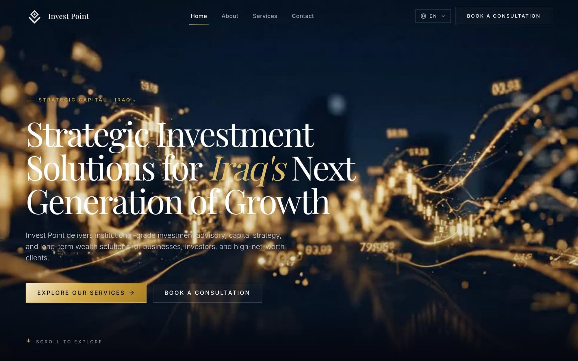 Invest Point’s opening screen: the headline “Strategic Investment Solutions for Iraq’s Next Generation of Growth” in white and gold over a blurred, gold-lit market chart.